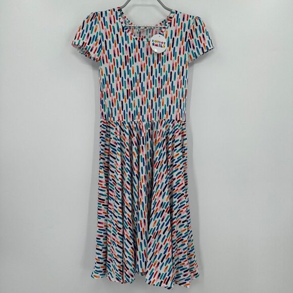 Dot Dot Smile Girl's Cap Sleeve Dress sz 11 Short Sleeve White/Colorful Dashes - Picture 1 of 5